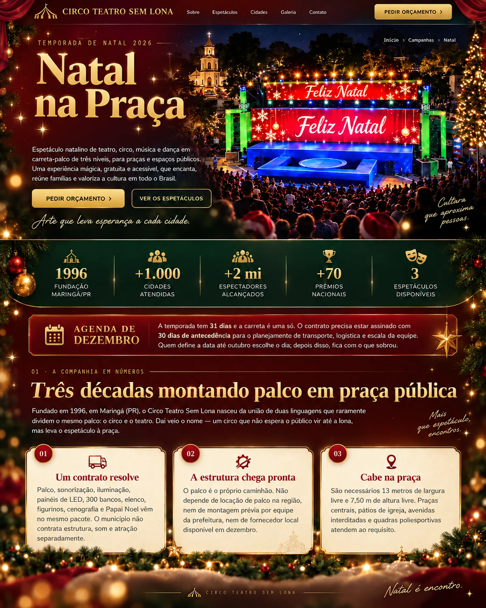 Capa: Natal na Praça — espetáculo natalino de teatro, circo, música e dança em carreta-palco de três níveis, e os números da companhia