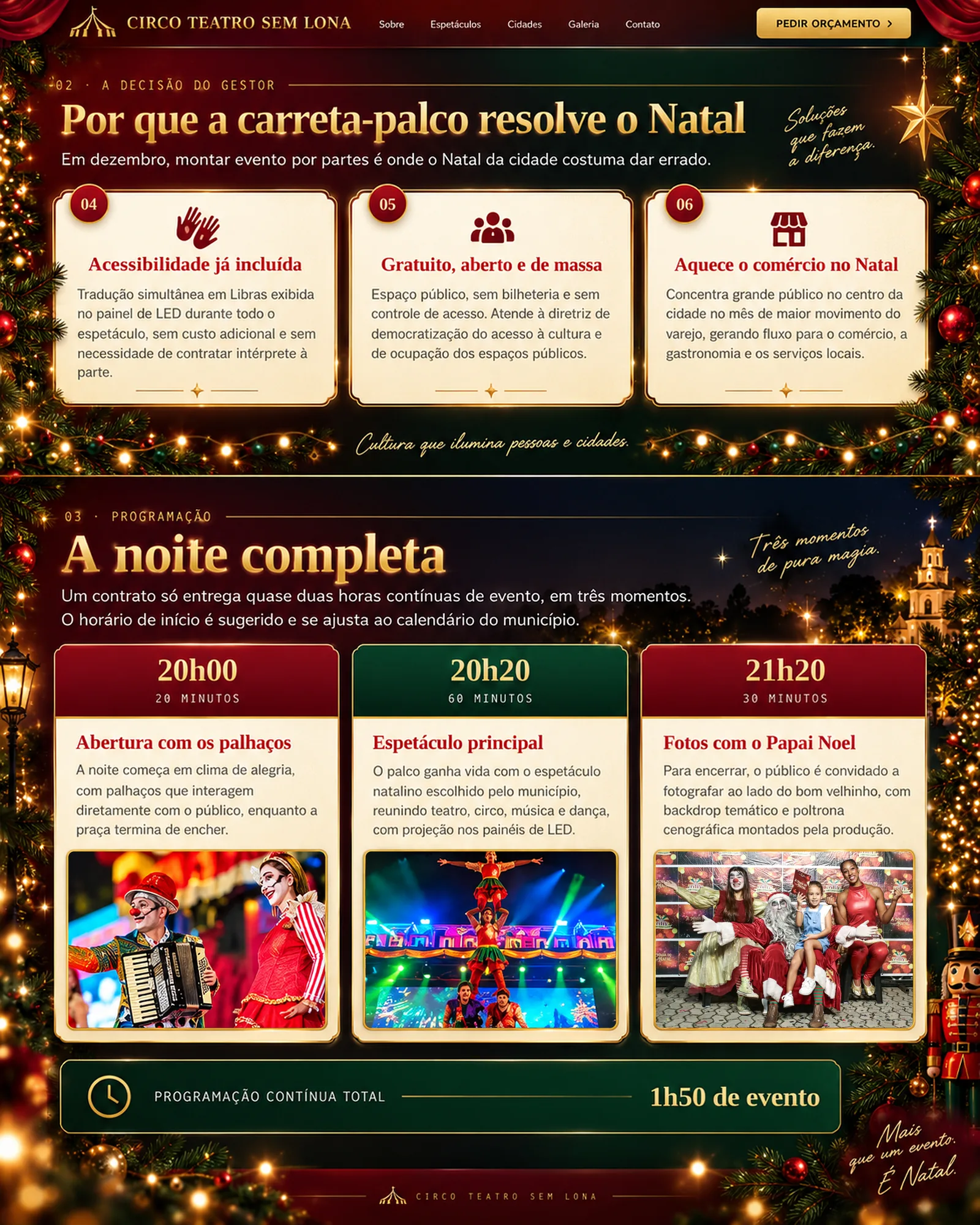 Por que a carreta-palco resolve o Natal: um contrato resolve, a estrutura chega pronta, cabe na praça; e a programação da noite completa com 1h50 de evento