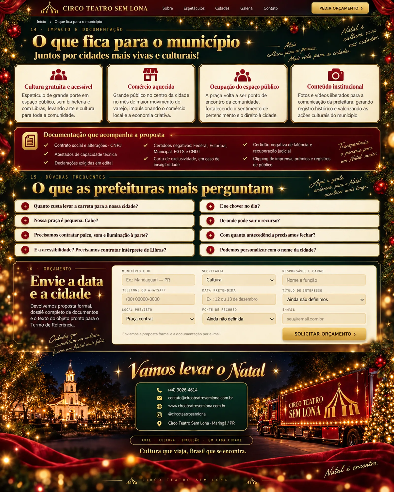 O que fica para o município, dúvidas frequentes das prefeituras, formulário de orçamento e contatos